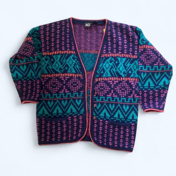 Vintage 80s Chunky Cardigan Sweater Colorful Aztec Patterned Women's M  Preppy - Picture 2 of 7
